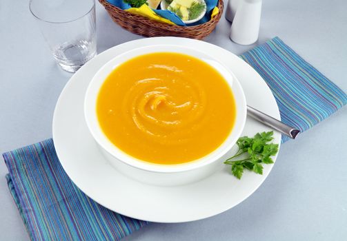 Delicious hearty homemade pumpkin soup ready to serve.