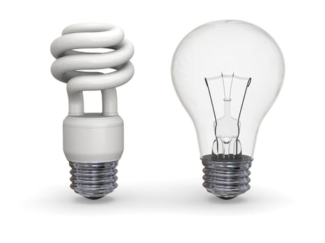 Economical and traditional lightbulbs isolated on white background