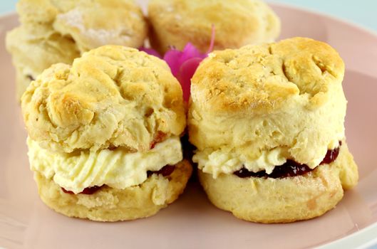 Fresh baked homemade scones with jam and cream on a plate.