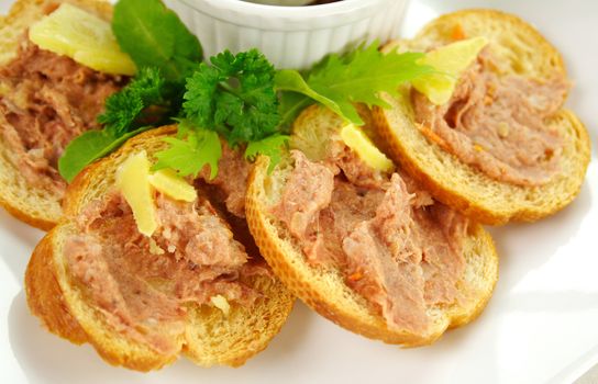 Delicious homestyle country pate with toasted crisps ready to serve.