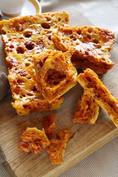 Delightful fresh baked crisp and crunchy sweet honeycomb dessert.
