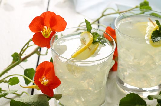 Delicious lemon drink with sliced fresh lemon and mint.