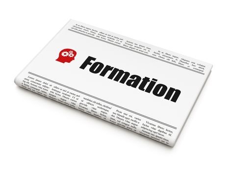 Education news concept: newspaper headline Formation and Head With Gears icon on White background, 3d render