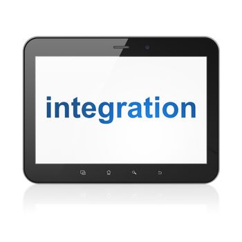 Finance concept: black tablet pc computer with text Integration on display. Modern portable touch pad on White background, 3d render