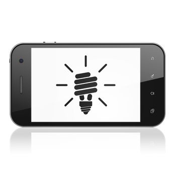 Business concept: smartphone with Energy Saving Lamp icon on display. Mobile smart phone on White background, cell phone 3d render