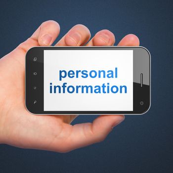 Protection concept: hand holding smartphone with word Personal Information on display. Mobile smart phone on Blue background, 3d render