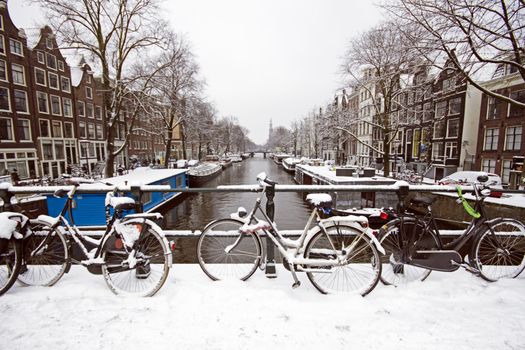 Amsterdam covered with snow  in winter in the Netherlands