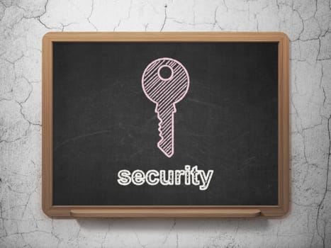Protection concept: Key icon and text Security on Black chalkboard on grunge wall background, 3d render