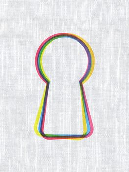 Privacy concept: CMYK Keyhole on linen fabric texture background, 3d render