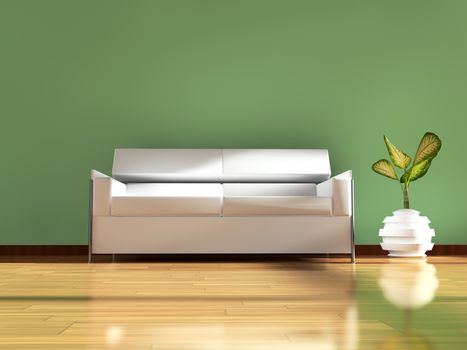 3d interior architecture.Modern sofa and table in green toned and parquet floor