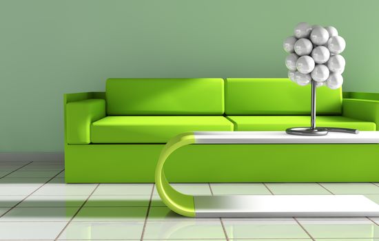 3d interior architecture.Modern sofa and table in green toned