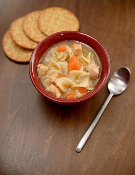 classic bowl of chicken noodle soup with crackers