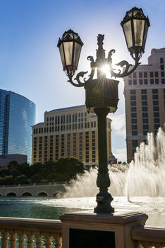 Misical show of fountains in Las Vegas at sunset