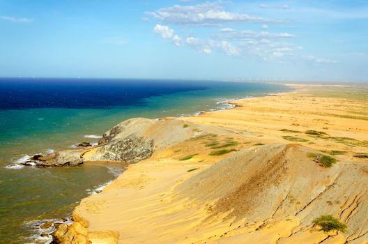 Desert landscape and seascape near Cabo de la Vela in La Guajira, Colombia