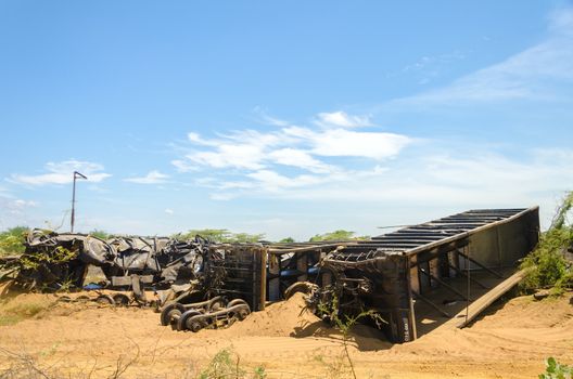 LA GUAJIRA, COLOMBIA - NOVEMBER 14: Train wreckage from a bombing on November 14, 2013 in La Guajira, Colombia