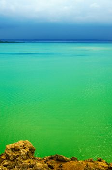 View of vibrant green Caribbean Sea in La Guajira, Colombia
