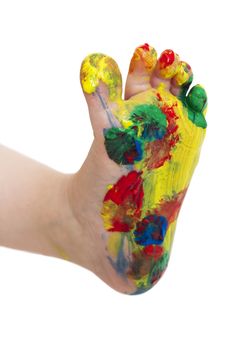 painted feet from young child isolated in white bachground