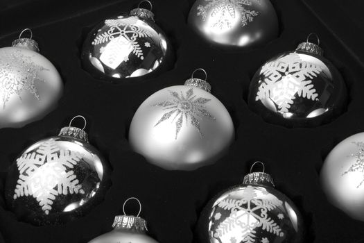 christmas, silver christmas baubles in a box for christmas decoration 