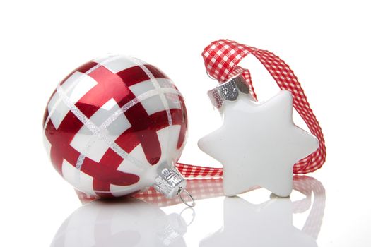 Christmas bauble and christmas star with red and white, tape 