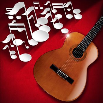 White and gray musical notes and acoustic guitar on red velvet background with shadows