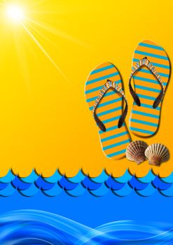 Blue and orange abstract background with stylized waves and sunlight, flip flops sandals and seashells, concept of summer vacations