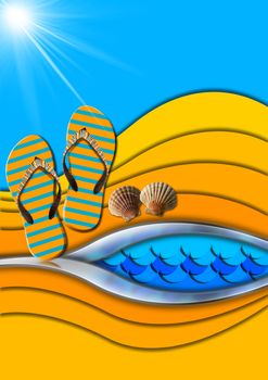 Blue and orange abstract background with stylized waves and sunlight, flip flops sandals and seashells, concept of summer vacations