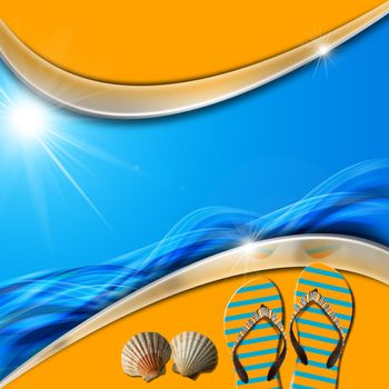 Blue and orange abstract background with stylized waves and sunlight, flip flops sandals and seashells, concept of summer vacations
