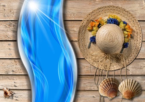 Straw hat with flowers and seashells on wooden floor with sand, stylized waves and sunlight, concept of summer vacations
