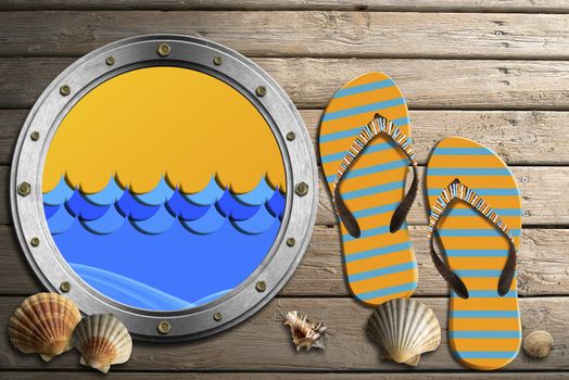 Metal porthole with stylized waves, seashells and flip flops sandals on wooden floor with sand