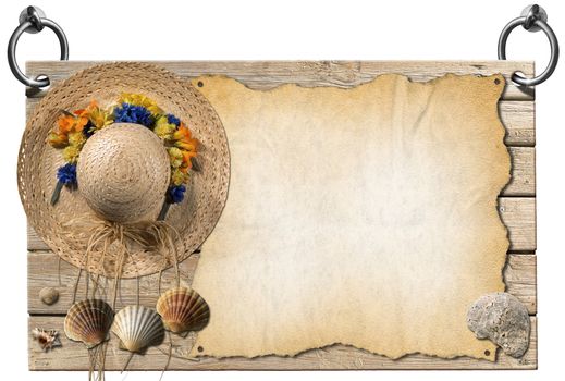 Wooden signboard with sand hanging on to two steel ring with seashells, straw hat with flowers and empty parchment