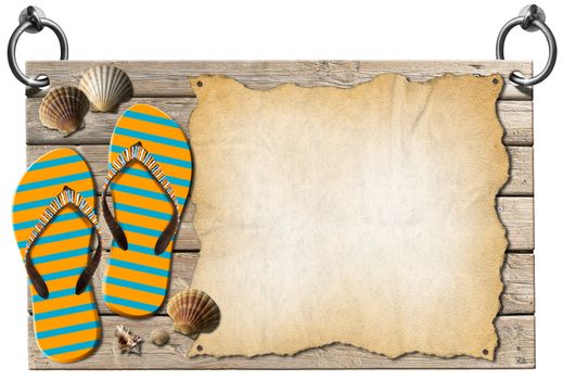 Wooden signboard with sand hanging on to two steel ring with seashells, flip flops striped sandals and empty parchment
