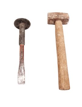 used chisel and hammer isolated on white background