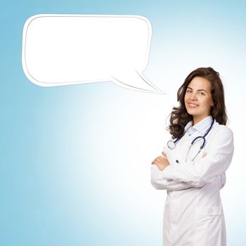 young woman doctor says cloud over his head, place for text