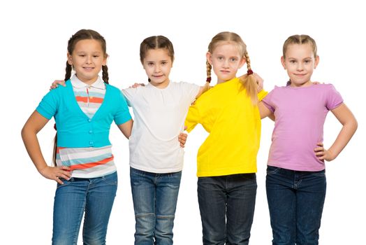 small group of girls hugged each other by the shoulders and stand in a row