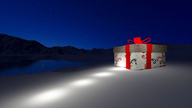 Gift box in snowy at Northpole on Christmas day