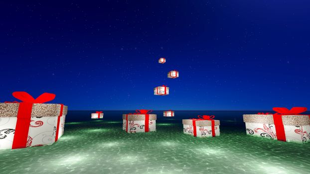 Gift box is floating lantern over the ocean on Christmas day