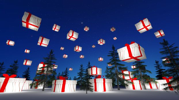 Gift box is floating lantern over the North Pole