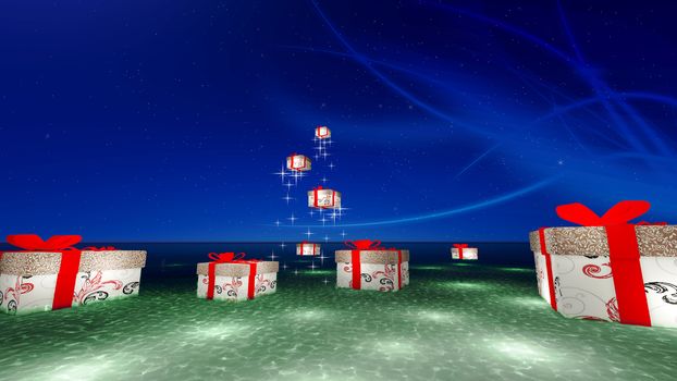 Gift box is floating lantern over the ocean on Christmas day