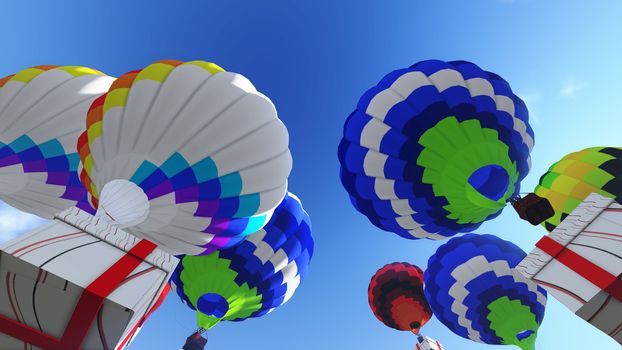 Gift box with colorful balloons in the blue sky
