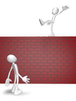 cartoon guy balances on brick wall - 3d illustration