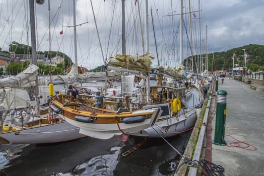 The boats are on show at the harbor during Halden food and harbor festival which is held every year on the last weekend of June. There are both wooden boats and fiberglass boats and large and small boats.