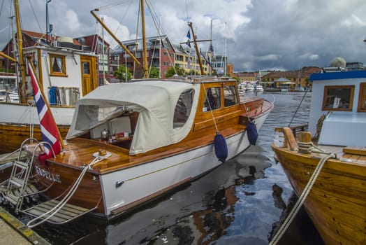 The boats are on show at the harbor during Halden food and harbor festival which is held every year on the last weekend of June. There are both wooden boats and fiberglass boats and large and small boats.