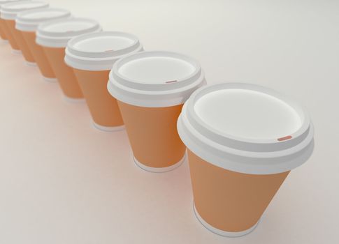 A row of paper coffee cups on a white background
