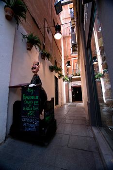 Alley in the Zacatin Street with a poster for menus, Granada, Andalusia, Spain