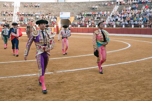 Bullfighters at the paseillo or initial parade. Bullfight at Andujar bullring, Andujar, Spain, 11 september 2009