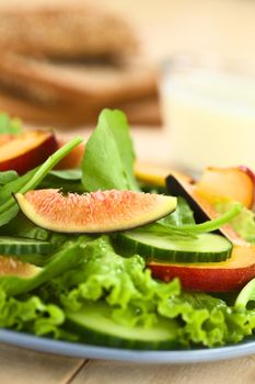 Fresh vegetarian salad made of fig, nectarine, spinach, cucumber and lettuce on plate with wholewheat bread and jogurt sauce in the back (Selective Focus, Focus on the fig slice on the top of the salad)   