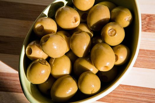 Bowl with green olives dressed, a typical product of Andalusia, Spain