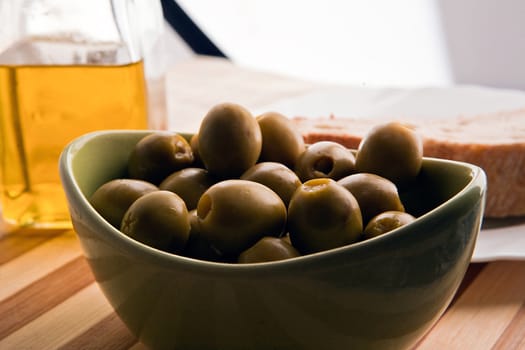 Bowl with green olives dressed, a typical product of Andalusia, Spain