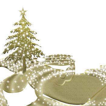 Christmas card, gold christmas tree on a gold background with luminous stars isolated on white with