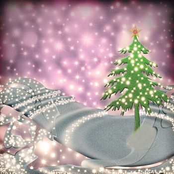 Christmas background fir green metal on a cheerful background full of stars